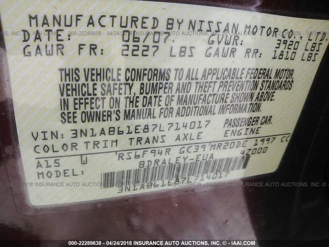 3N1AB61E87L714017 - 2007 NISSAN SENTRA 2.0/2.0S/2.0SL RED photo 9