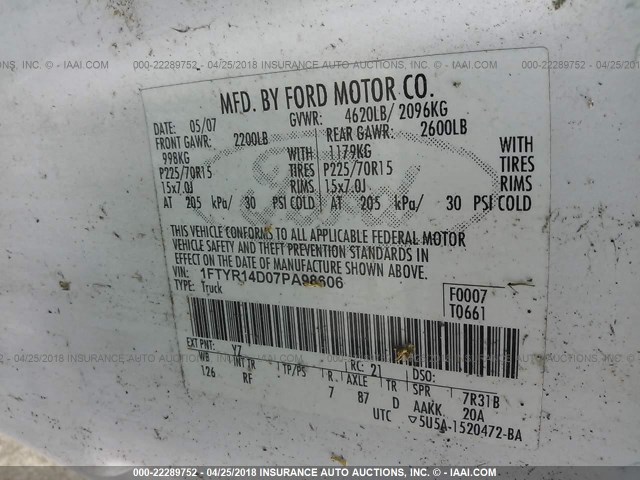 1FTYR14D07PA98606 - 2007 FORD RANGER SUPER CAB WHITE photo 9