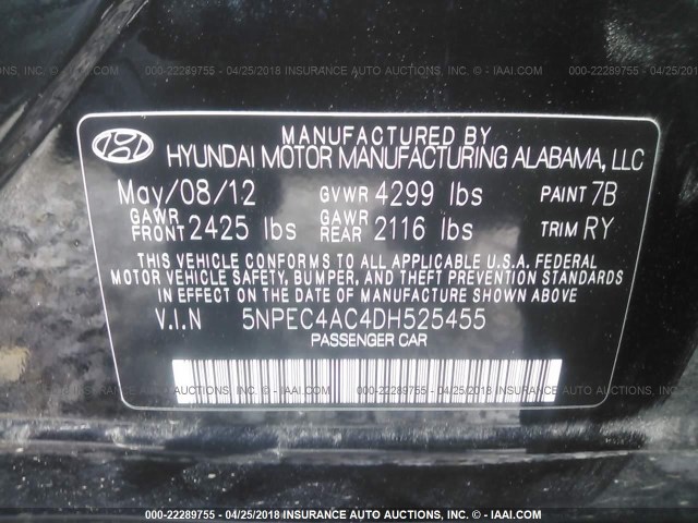 5NPEC4AC4DH525455 - 2013 HYUNDAI SONATA SE/LIMITED BLACK photo 9