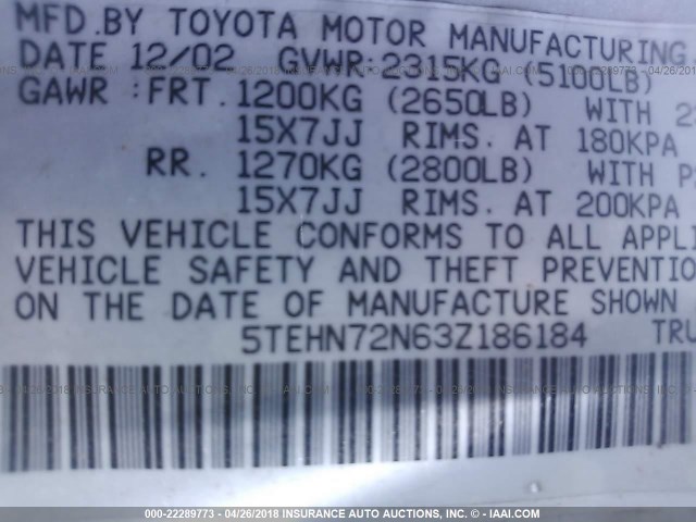 5TEHN72N63Z186184 - 2003 TOYOTA TACOMA DOUBLE CAB 银色 照片 9