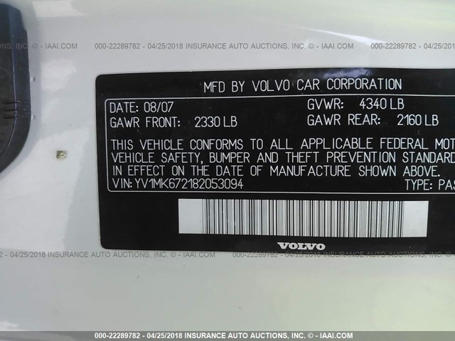 YV1MK672182053094 - 2008 VOLVO C30 T5 WHITE photo 9