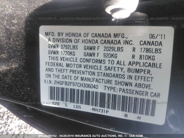 2HGFB2F97CH306040 - 2012 HONDA CIVIC EXL Qara foto 9