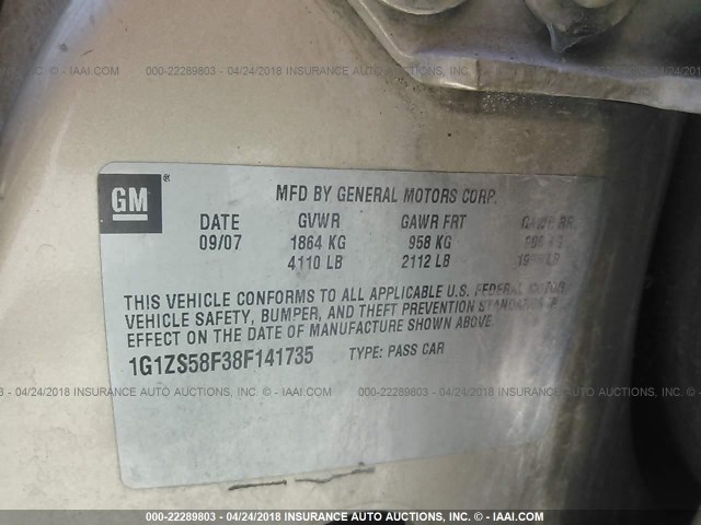 1G1ZS58F38F141735 - 2008 CHEVROLET MALIBU LS 金色 照片 9