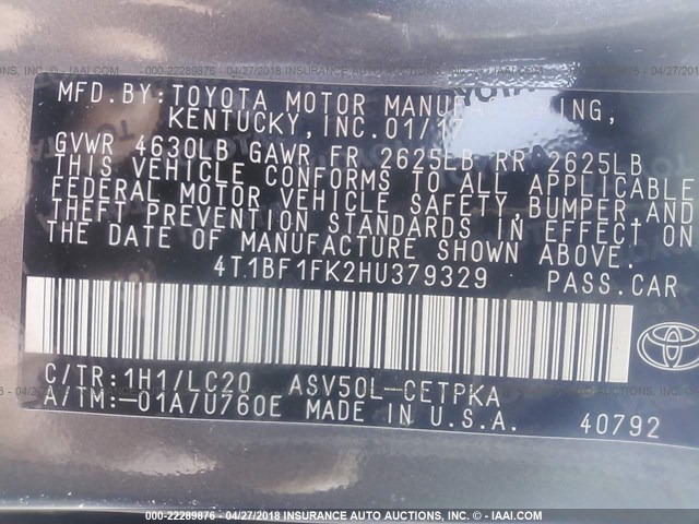 4T1BF1FK2HU379329 - 2017 TOYOTA CAMRY LE/XLE/SE/XSE GRAY photo 9