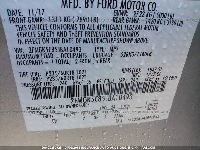 2FMGK5C85JBA10493 - 2018 FORD FLEX SEL SILVER photo 9