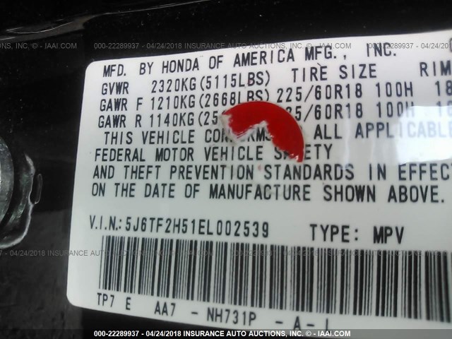 5J6TF2H51EL002539 - 2014 HONDA CROSSTOUR EXL შავი ფოტო 9