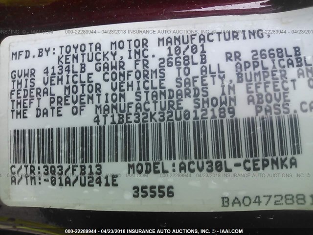 4T1BE32K32U012189 - 2002 TOYOTA CAMRY LE/XLE/SE მუქწითელი ფოტო 9
