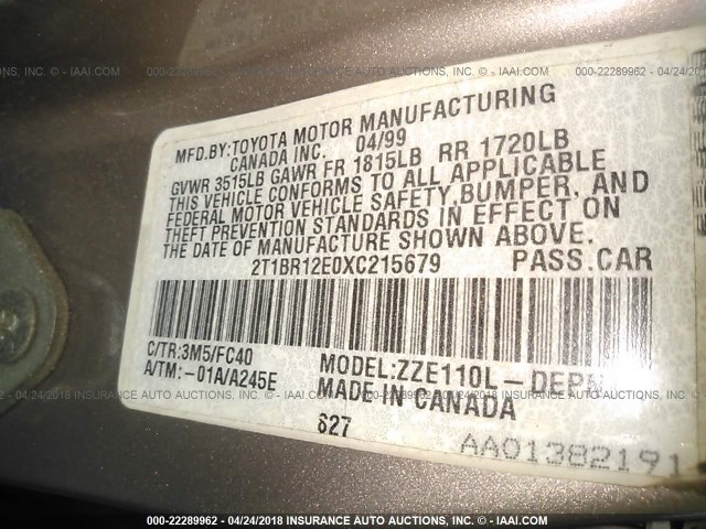 2T1BR12E0XC215679 - 1999 TOYOTA COROLLA VE/CE/LE 米色 照片 9