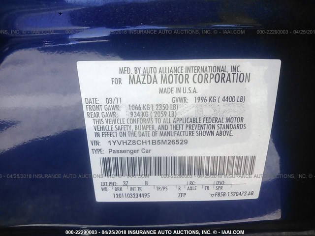 1YVHZ8CH1B5M26529 - 2011 MAZDA 6 I BLUE photo 9