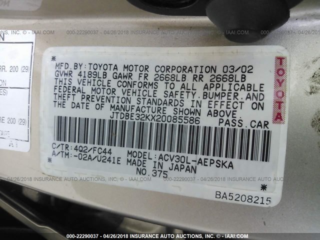 JTDBE32KX20085586 - 2002 TOYOTA CAMRY LE/XLE/SE GOLD photo 9