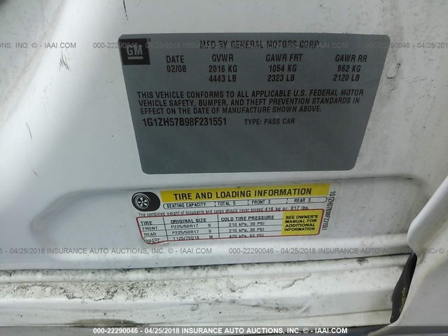 1G1ZH57B98F231551 - 2008 CHEVROLET MALIBU 1LT WHITE photo 9