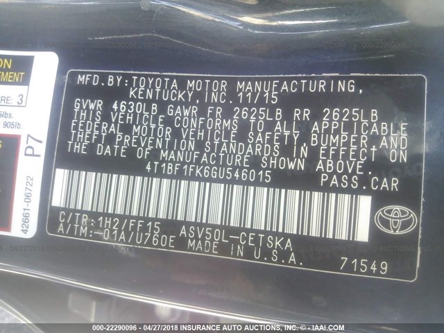 4T1BF1FK6GU546015 - 2016 TOYOTA CAMRY LE/XLE/SE/XSE BLUE photo 9