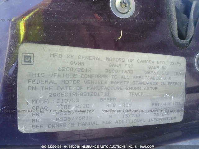 2GCEC19K8S1201711 - 1995 CHEVROLET GMT-400 C1500 BURGUNDY photo 9