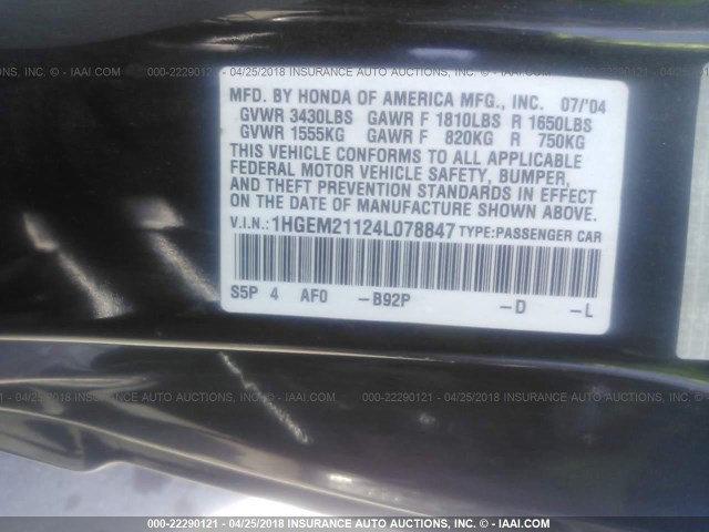 1HGEM21124L078847 - 2004 HONDA CIVIC DX VP Qara foto 9