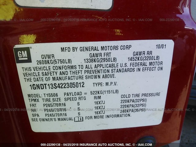 1GNDT13S422305012 - 2002 CHEVROLET TRAILBLAZER  RED photo 9