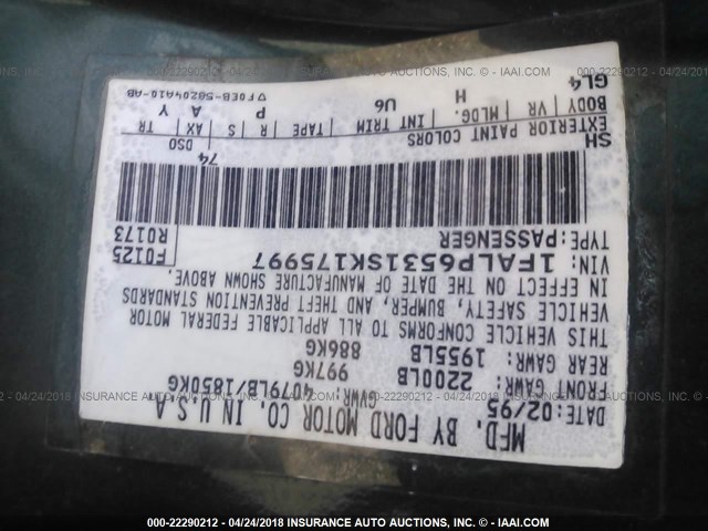 1FALP6531SK175997 - 1995 FORD CONTOUR GL 绿色 照片 9