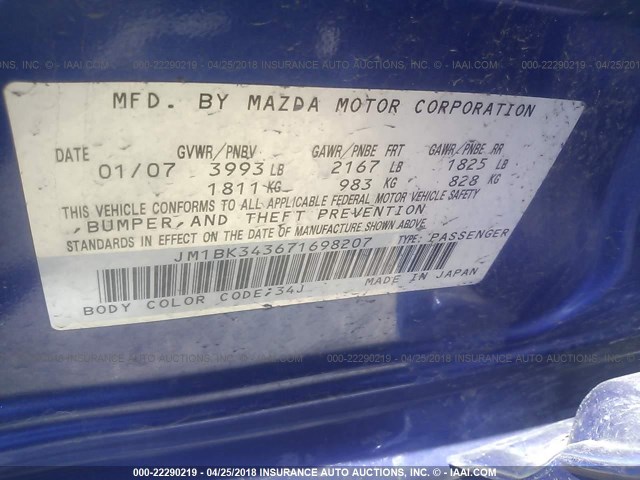 JM1BK343671698207 - 2007 MAZDA 3 HATCHBACK BLUE photo 9