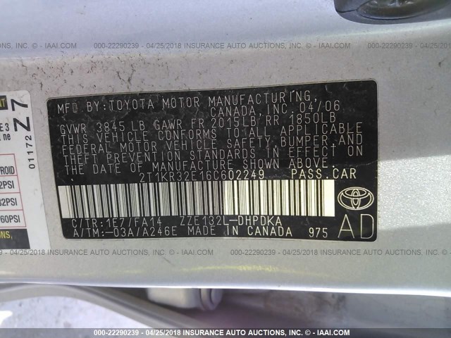 2T1KR32E16C602249 - 2006 TOYOTA COROLLA MATRIX XR SILVER photo 9