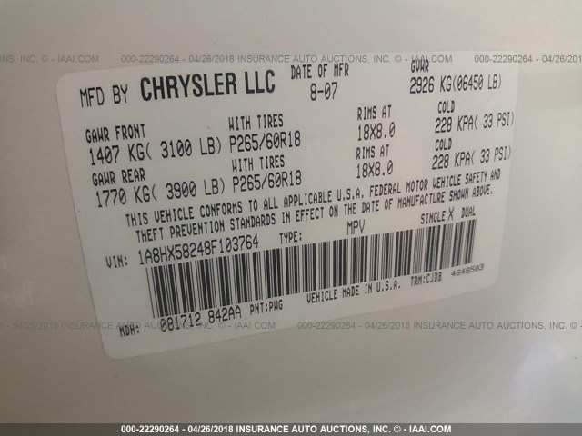 1A8HX58248F103764 - 2008 CHRYSLER ASPEN LIMITED WHITE photo 9