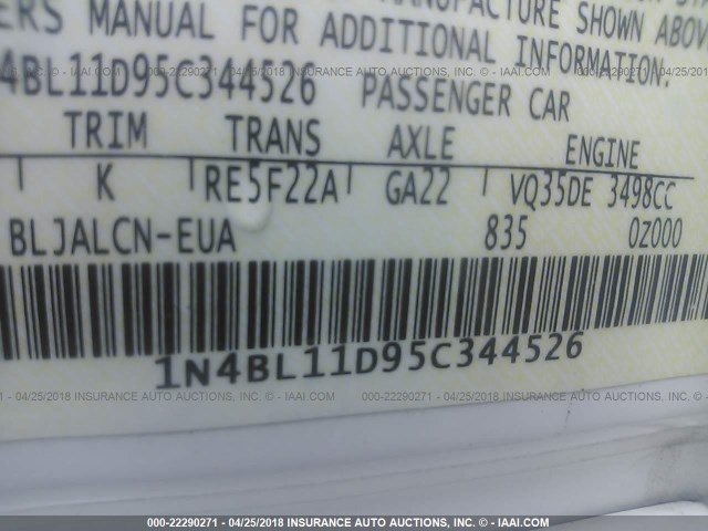 1N4BL11D95C344526 - 2005 NISSAN ALTIMA SE/SL/SE-R WHITE photo 9