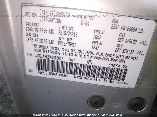 1J4GL48K54W315019 - 2004 JEEP LIBERTY SPORT 银色 照片 9