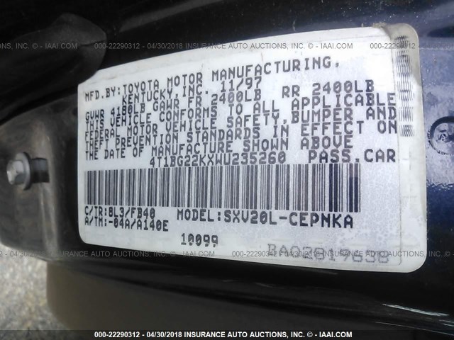 4T1BG22KXWU235260 - 1998 TOYOTA CAMRY CE/LE/XLE 蓝色 照片 9