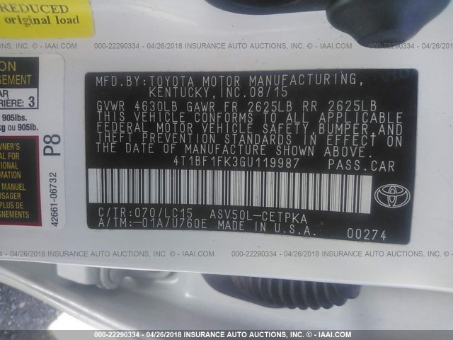 4T1BF1FK3GU119987 - 2016 TOYOTA CAMRY LE/XLE/SE/XSE WHITE photo 9