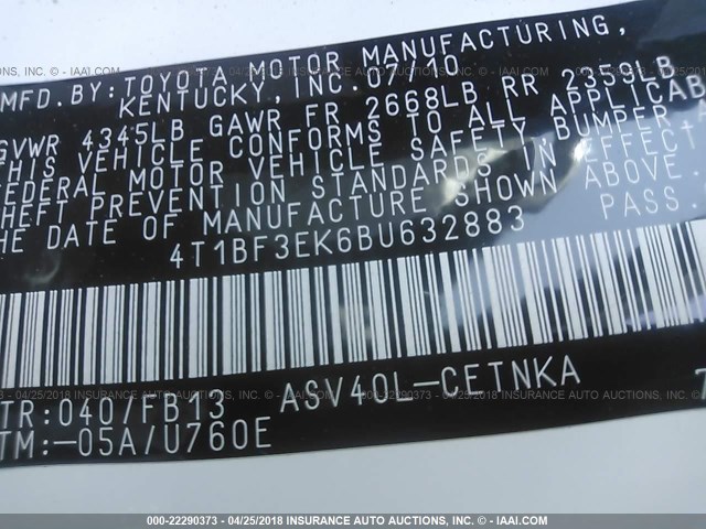 4T1BF3EK6BU632883 - 2011 TOYOTA CAMRY SE/LE/XLE WHITE photo 9