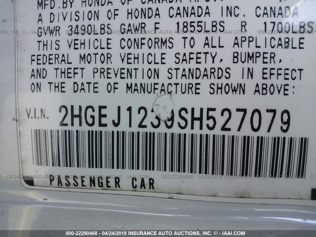 2HGEJ1239SH527079 - 1995 HONDA CIVIC EX WHITE photo 9