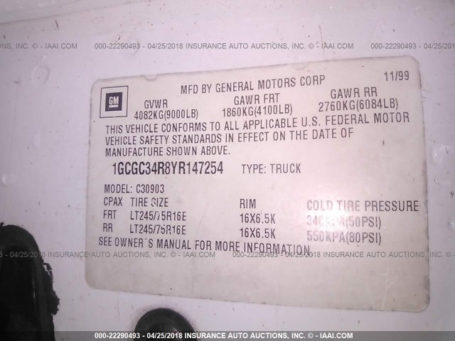 1GCGC34R8YR147254 - 2000 CHEVROLET GMT-400 C3500 WHITE photo 9