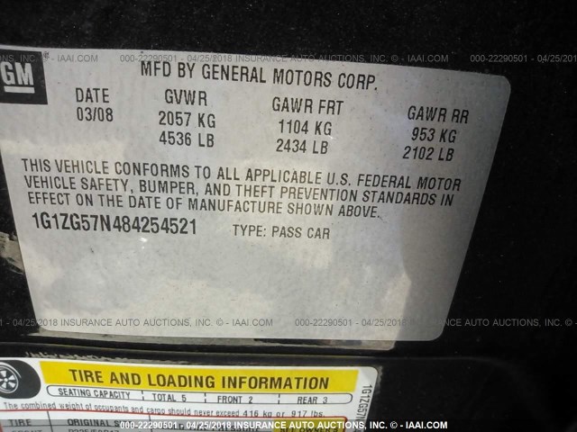 1G1ZG57N484254521 - 2008 CHEVROLET MALIBU LS შავი ფოტო 9