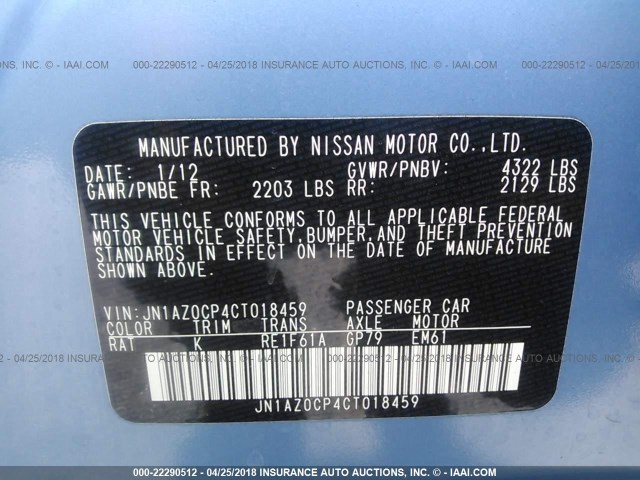 JN1AZ0CP4CT018459 - 2012 NISSAN LEAF SV/SL BLUE photo 9