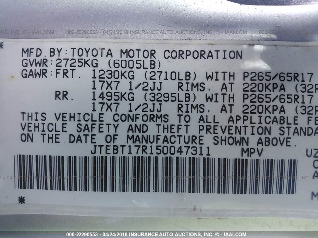 JTEBT17R150047311 - 2005 TOYOTA 4RUNNER LIMITED SILVER photo 9