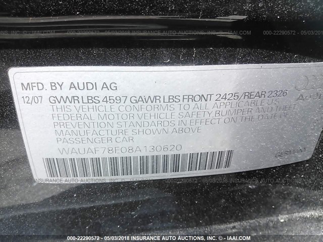 WAUAF78E08A130620 - 2008 AUDI A4 2.0T BLACK photo 9