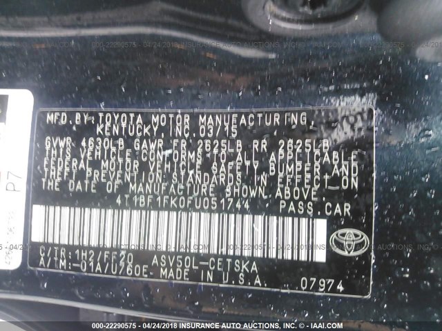 4T1BF1FK0FU051744 - 2015 TOYOTA CAMRY LE/XLE/SE/XSE BLACK photo 9