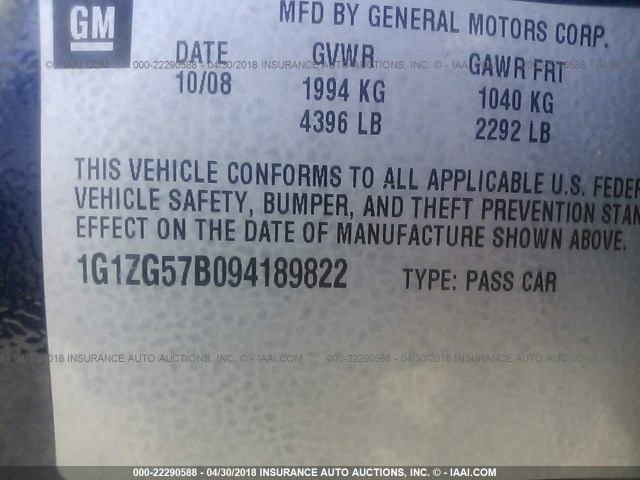 1G1ZG57B094189822 - 2009 CHEVROLET MALIBU LS მუქი ლურჯი ფოტო 9