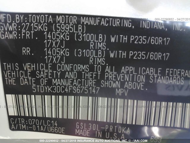 5TDYK3DC4FS675147 - 2015 TOYOTA SIENNA XLE/LIMITED WHITE photo 9