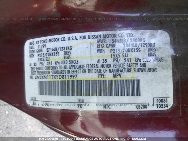 4N2XN11TXYD811997 - 2000 NISSAN QUEST SE/GLE/GXE RED photo 9