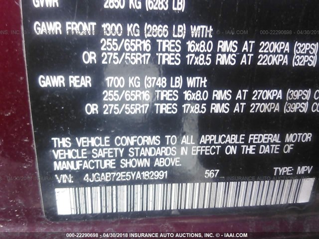 4JGAB72E5YA182991 - 2000 MERCEDES-BENZ ML 430 勃艮第红 照片 9