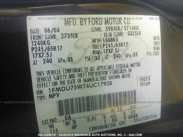 1FMDU75W74UC17938 - 2004 FORD EXPLORER LIMITED Qara foto 9