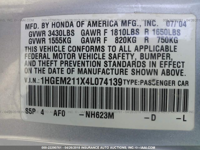 1HGEM211X4L074139 - 2004 HONDA CIVIC DX VP 银色 照片 9