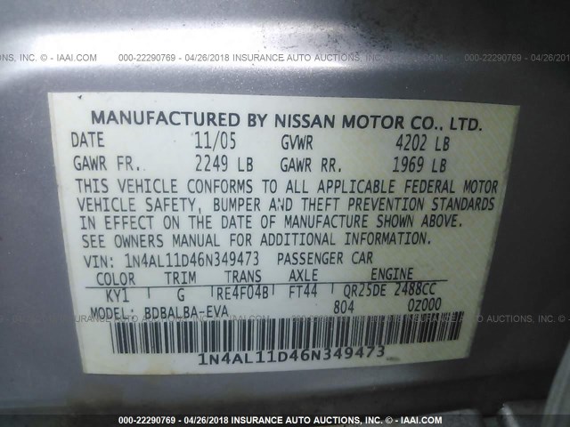 1N4AL11D46N349473 - 2006 NISSAN ALTIMA S/SL SILVER photo 9