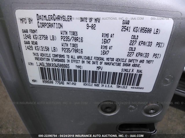 1J4GL38K03W508865 - 2003 JEEP LIBERTY RENEGADE SILVER photo 9