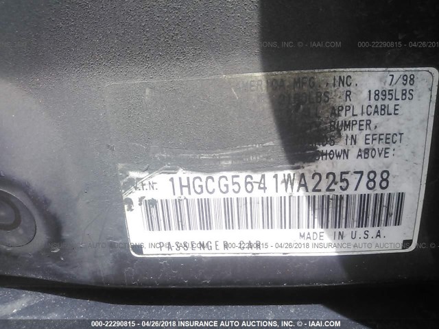 1HGCG5641WA225788 - 1998 HONDA ACCORD LX GRAY photo 9