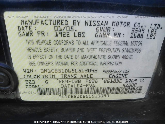 3N1CB51D65L513093 - 2005 NISSAN SENTRA 1.8/1.8S BLUE photo 9