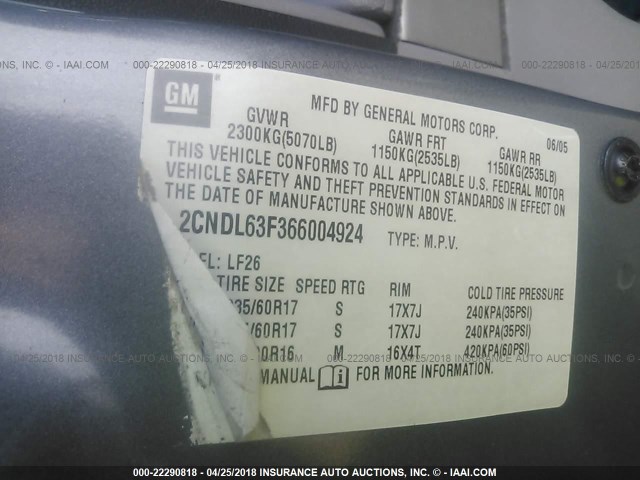 2CNDL63F366004924 - 2006 CHEVROLET EQUINOX LT GRAY photo 9