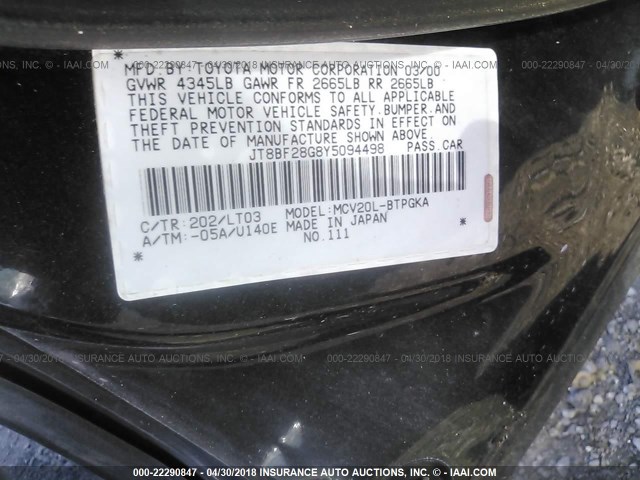 JT8BF28G8Y5094498 - 2000 LEXUS ES 300 BLACK photo 9