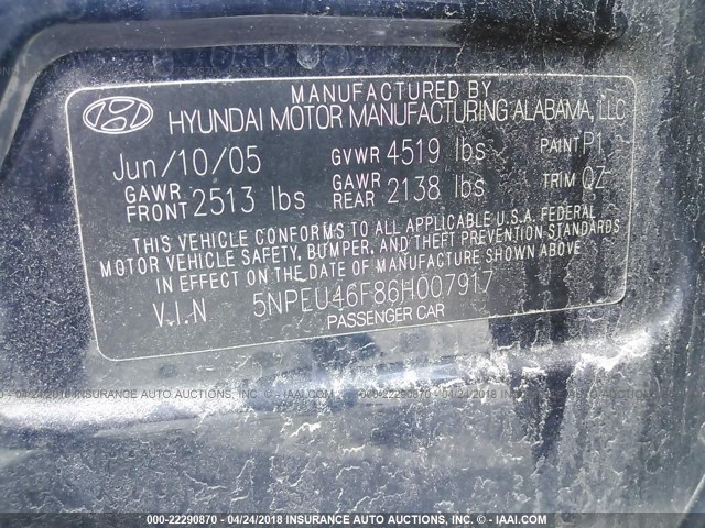 5NPEU46F86H007917 - 2006 HYUNDAI SONATA GLS/LX BLACK photo 9