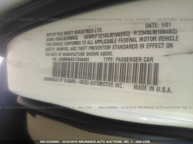 4S3BH665X17646405 - 2001 SUBARU LEGACY OUTBACK WHITE photo 9