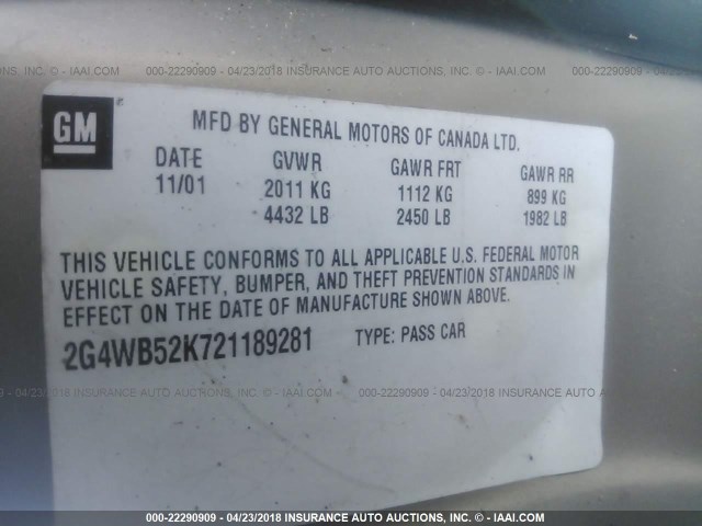 2G4WB52K721189281 - 2002 BUICK REGAL LS 金色 照片 9